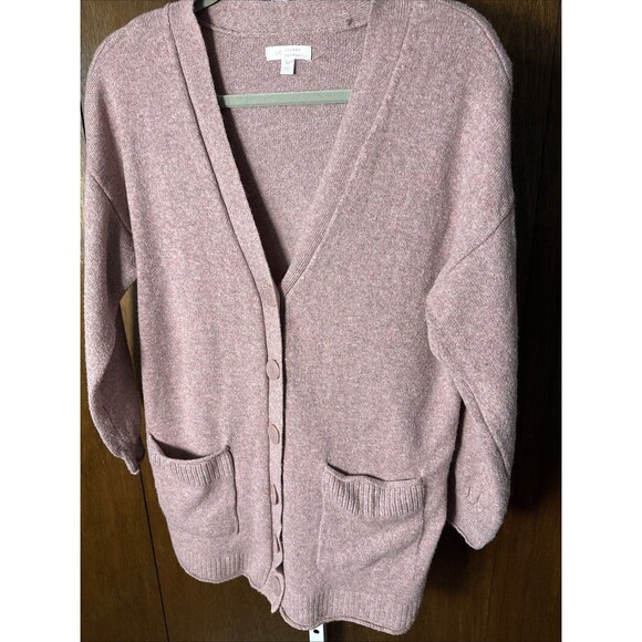 Womens LC Lauren Conrad Long Cardigan Sweater Button Pink Gray Heather Sz M - Picture 1 of 4